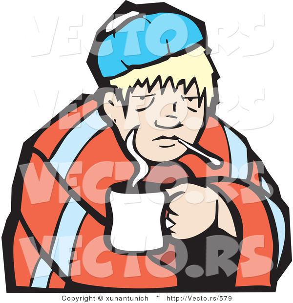 Vector of a Sick Boy Under a Blanket with a Cup of Tea