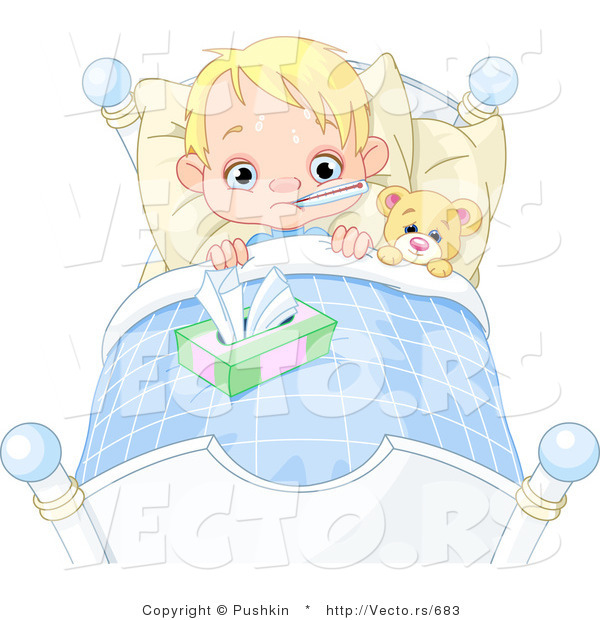 Vector of a Sick Boy with a Fever Sweating in Bed