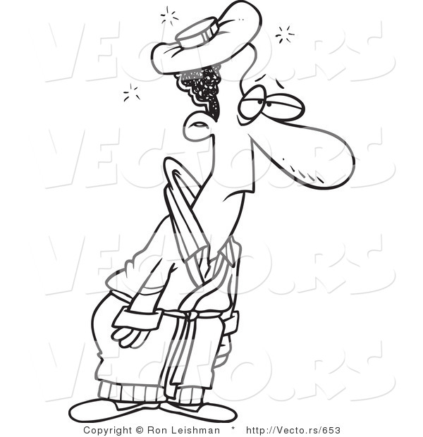 Vector of a Sick Cartoon Black Man Walking Around with Ice Pack on Head - Line Drawing