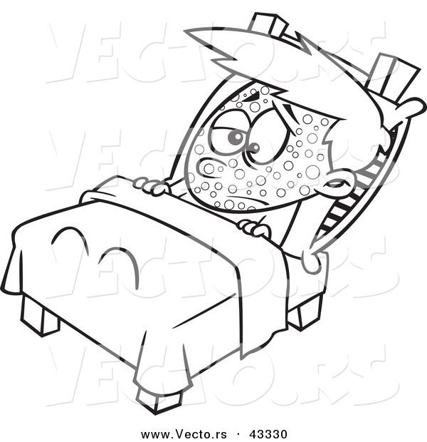 Vector of a Sick Cartoon Boy Resting in Bed with Measles - Coloring Page Outline