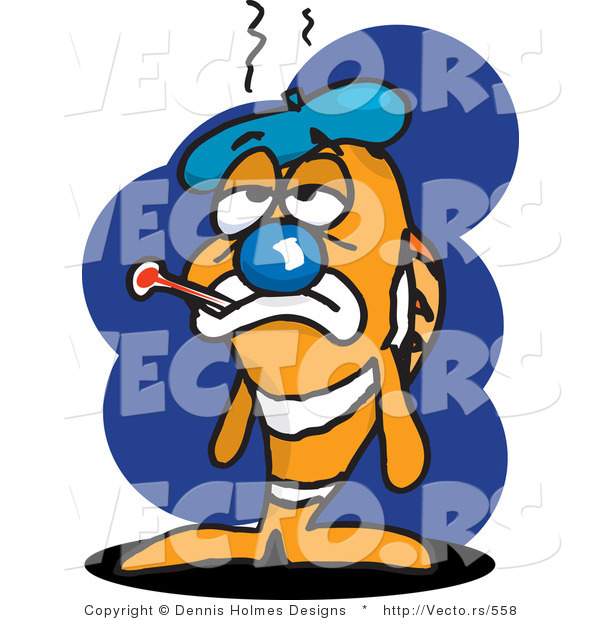 Vector of a Sick Cartoon Clown Fish with Ice Pack and Thermometer