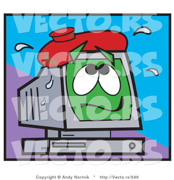 Vector of a Sick Cartoon Computer with an Ice Pack on Top of Monitor
