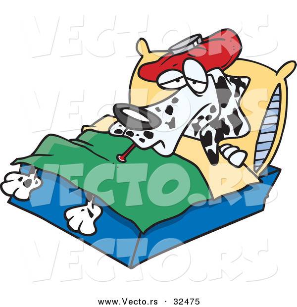 Vector of a Sick Cartoon Dalmatian Dog Resting in Bed