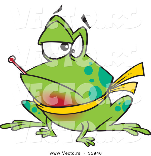 Vector of a Sick Cartoon Frog with Sore Throat and Fever