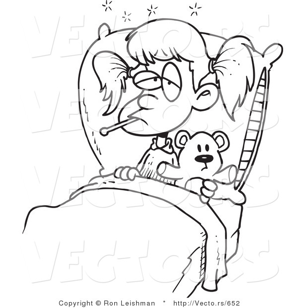 Vector of a Sick Cartoon Girl Resting in Bed with Teddy Bear - Line Drawing