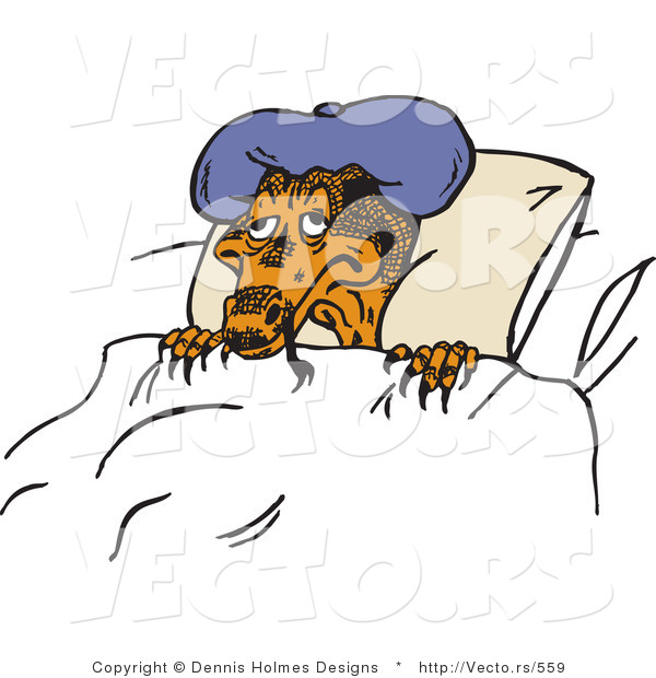 Vector of a Sick Cartoon Lizard Wearing Cold Pack While Resting in Bed