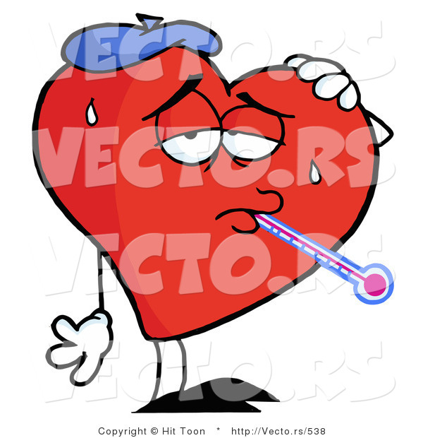 Vector of a Sick Cartoon Love Heart Wearing Ice Pack While Checking Temperature with Thermometer