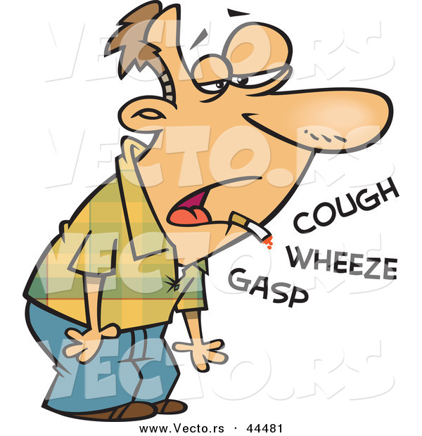 Vector of a Sick Cartoon Man Coughing, Wheezing, and Gasping While Smoking a Cigarette