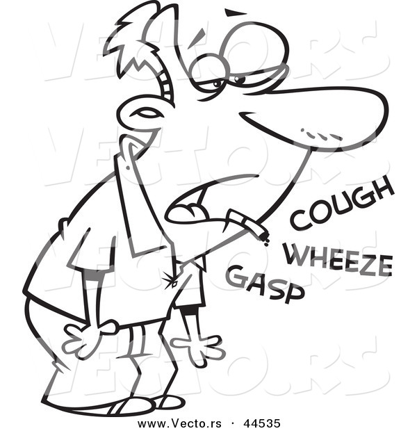Vector of a Sick Cartoon Man Smoking Coughing Wheezing and Gasping - Coloring Page Outline