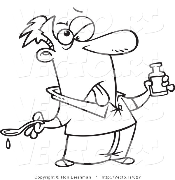 Vector of a Sick Cartoon Man Taking Awful Medication - Line Drawing