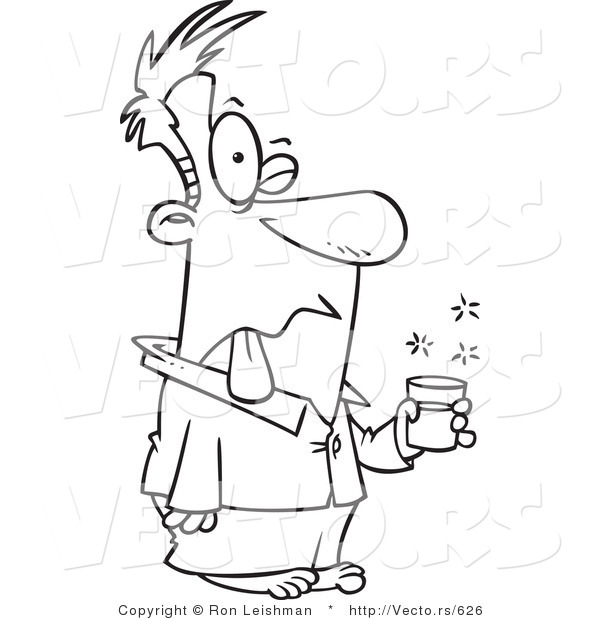 Vector of a Sick Cartoon Man Taking Nasty Medicine - Line Drawing