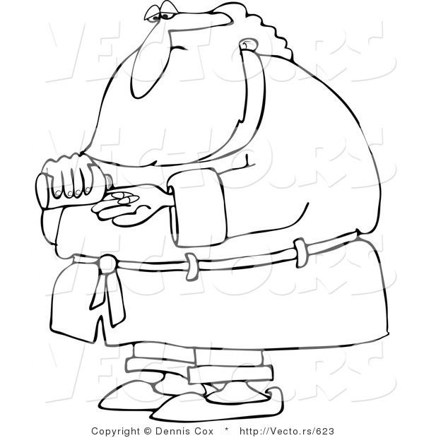Vector of a Sick Cartoon Santa Taking Pills - Line Drawing