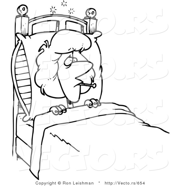 ... of a Sick Cartoon Woman Laying in Bed with a Fever - Line Drawing