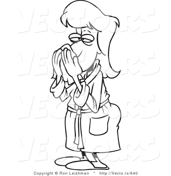 Vector of a Sick Cartoon Woman Sneezing into Tissue - Line Drawing