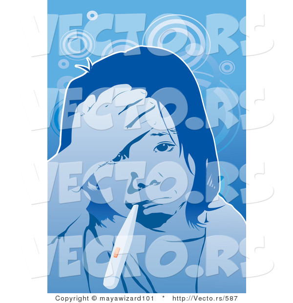 Vector of a Sick Girl Checking Her Temperature with a Thermometer