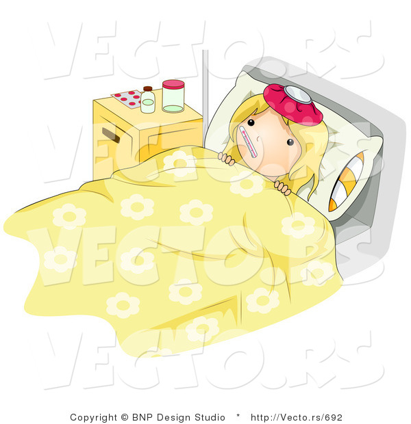 Vector of a Sick Girl Laying in Medical Bed While Getting Here Temperature Taken with a Thermometer