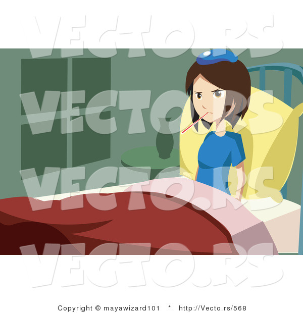 Vector of a Sick Girl Sitting in Bed with Thermometer in Her Mouth