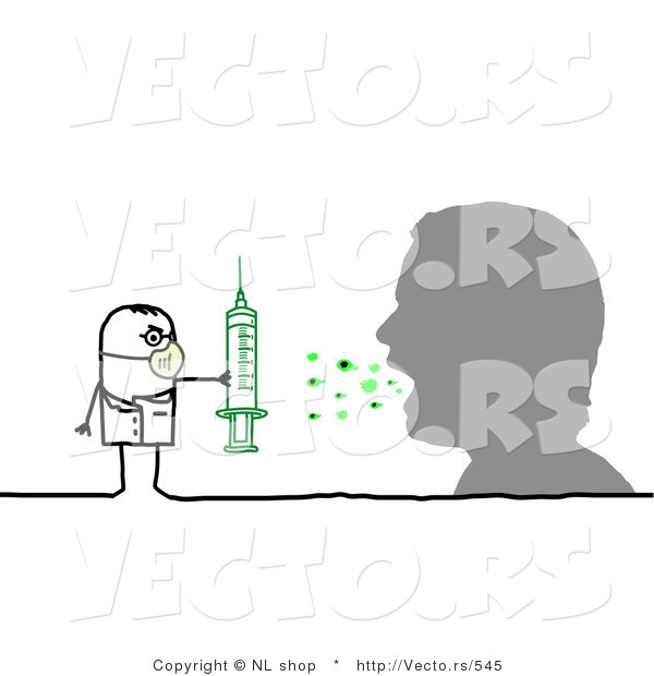 Vector of a Sick Man Coughing on a Stick Figure Doctor with Syringe