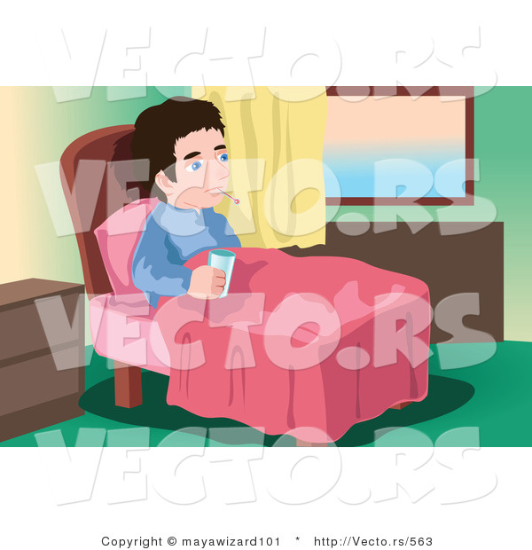 Vector of a Sick Young Man Sitting in Bed with a Thermometer and Glass of Water