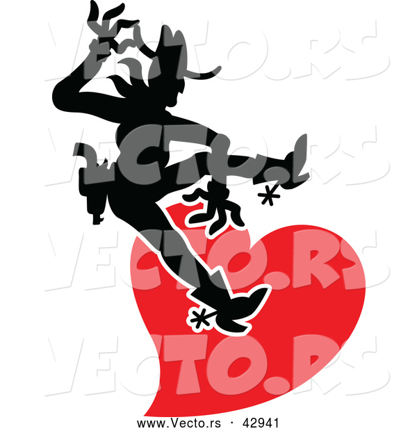 Vector of a Silhouetted Black Cartoon Cowboy Riding a Red Love Heart