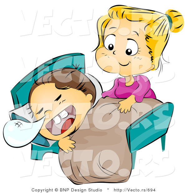 Vector of a Sister Caring for Her Sick Brother Laying in Bed with Snot Bubble Forming from His Nose