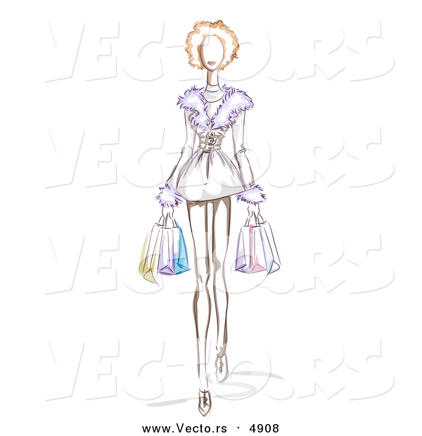 Vector of a Sketched Woman Wearing a Fur Dress and Carrying Shopping Bags,