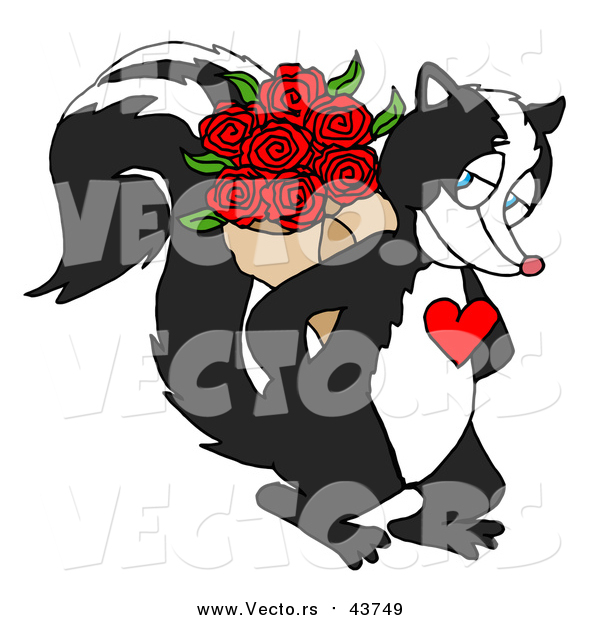 Vector of a Skunk with a Red Heart on His Chest, Smiling and Holding a Bouquet of Red Roses Behind His Back