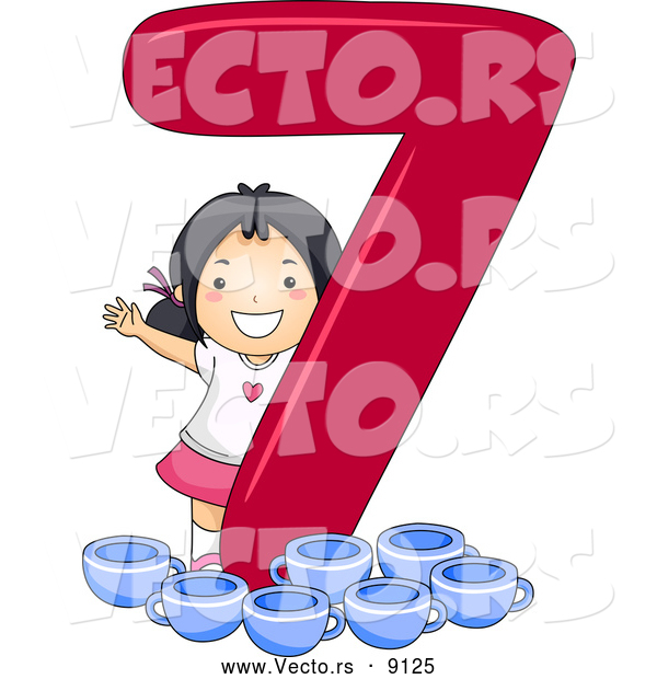 Vector of a Smiling Cartoon Asian School Girl with 7 Cups Beside the Number Seven