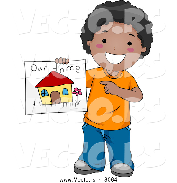 Vector of a Smiling Cartoon Black Boy Displaying a Drawing of His Family Home