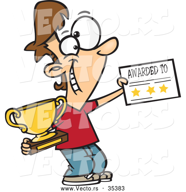 Vector of a Smiling Cartoon Boy Holding a Trophy and Certificate Reward
