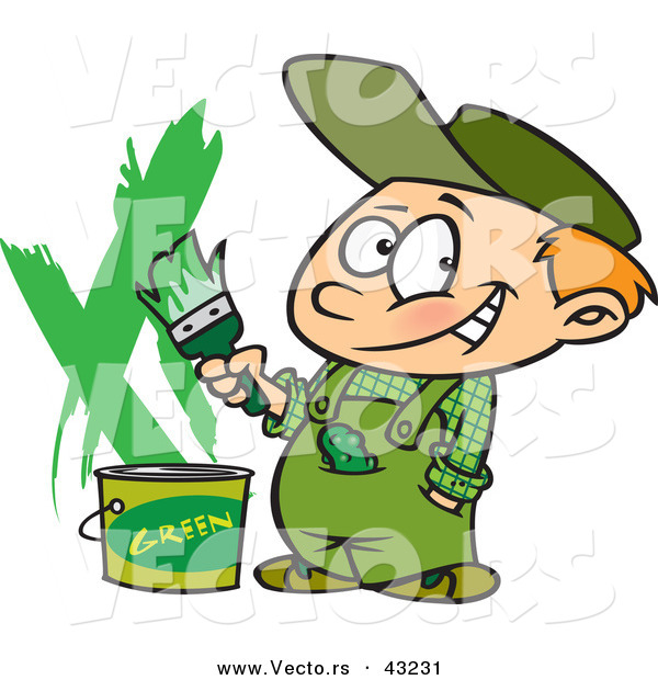 Vector of a Smiling Cartoon Boy Painting a Wall Green