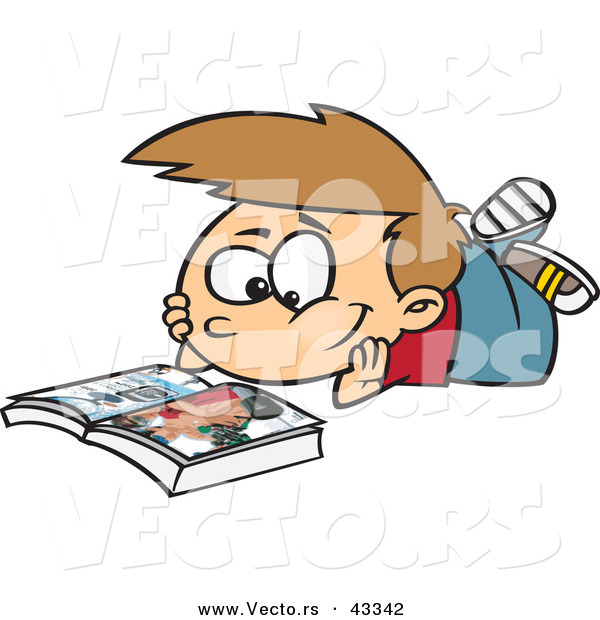 Vector of a Smiling Cartoon Boy Reading a Catalog