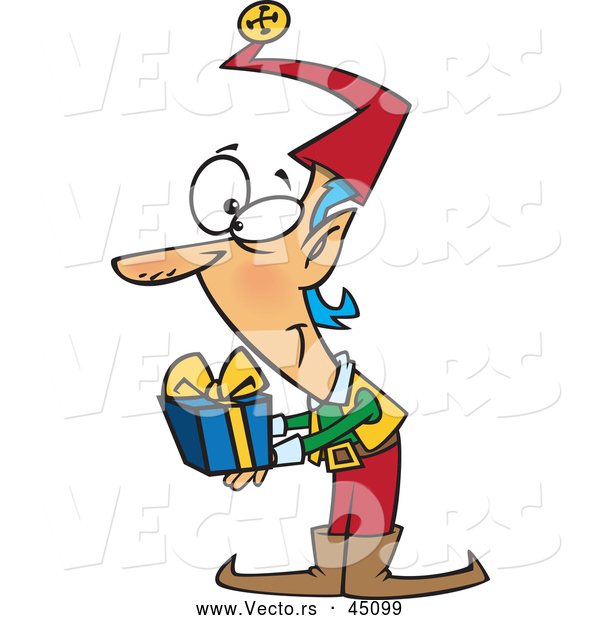 Vector of a Smiling Cartoon Christmas Elf Holding a Present
