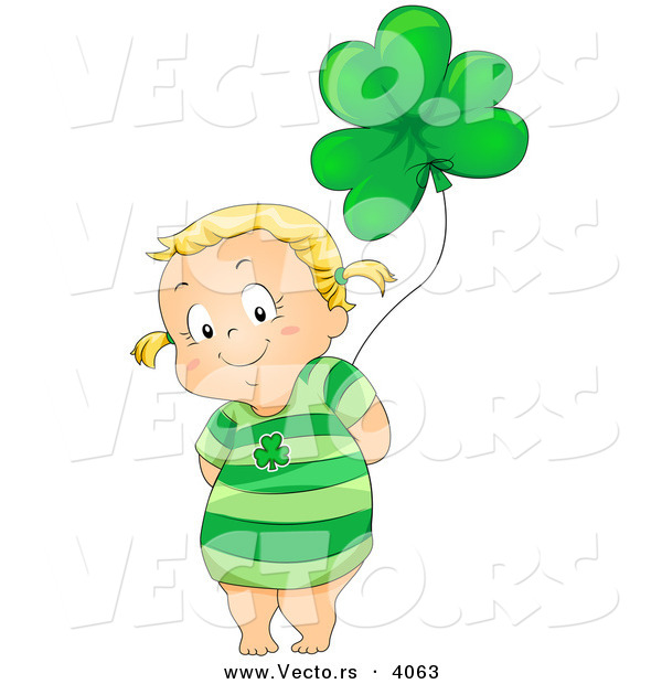 Vector of a Smiling Cartoon Girl Holding Green Clover Helium Balloon