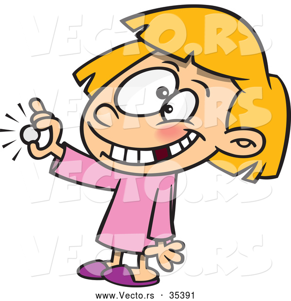 Vector of a Smiling Cartoon Girl with Missing Teeth Showing a Coin She Got from the Tooth Fairy