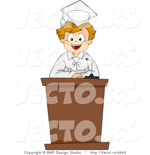 Vector of a Smiling Cartoon Graduate Boy Standing at Podium