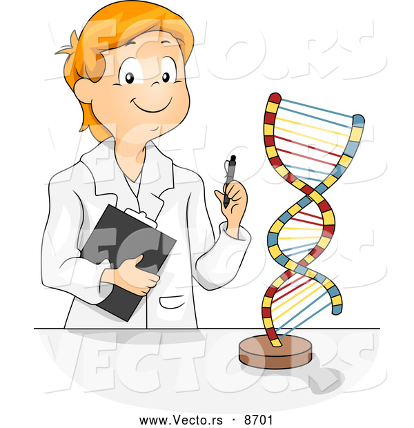 Vector of a Smiling Cartoon Male Student Working with a DNA Model