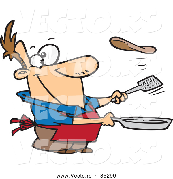 Vector of a Smiling Cartoon Man Flipping a Flapjack with a Spatula While Holding a Pan