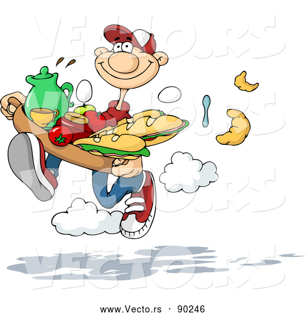 Vector of a Smiling Cartoon Man Quickly Delivering Food and Drinks to Customers