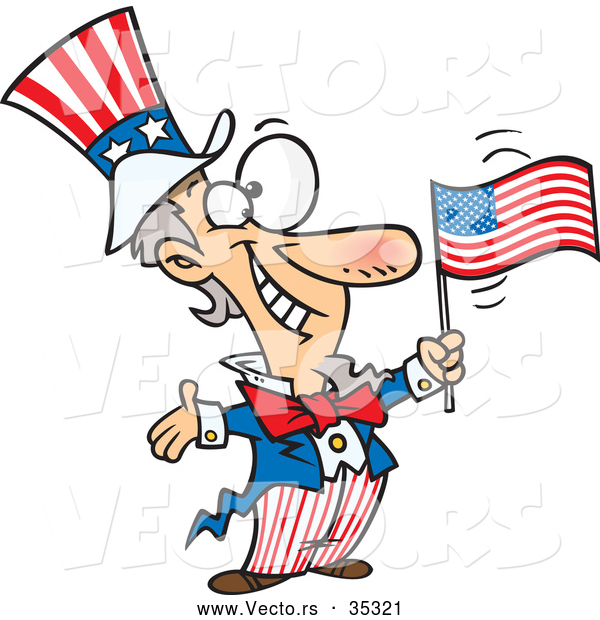 Vector of a Smiling Cartoon Patriotic Uncle Sam Waving an American Flag While Welcoming People