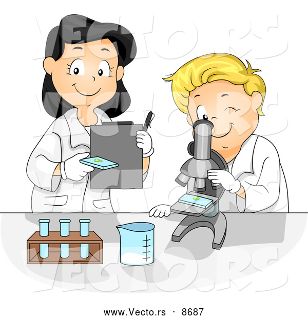 Vector of a Smiling Cartoon School Boy and Female Teacher Viewing Microscope Samples