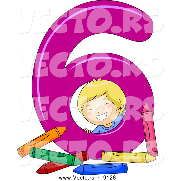 Vector of a Smiling Cartoon School Boy with 6 Crayons Beside the Number Six