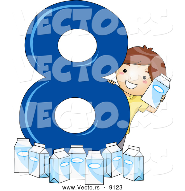 Vector of a Smiling Cartoon School Boy with 8 Milk Cartons Beside the Number Eight