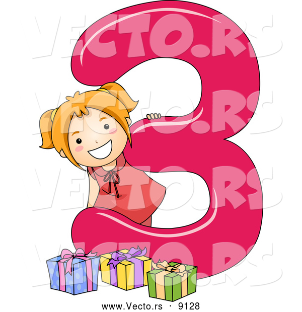 Vector of a Smiling Cartoon School Girl with 3 Presents Beside the Number Three