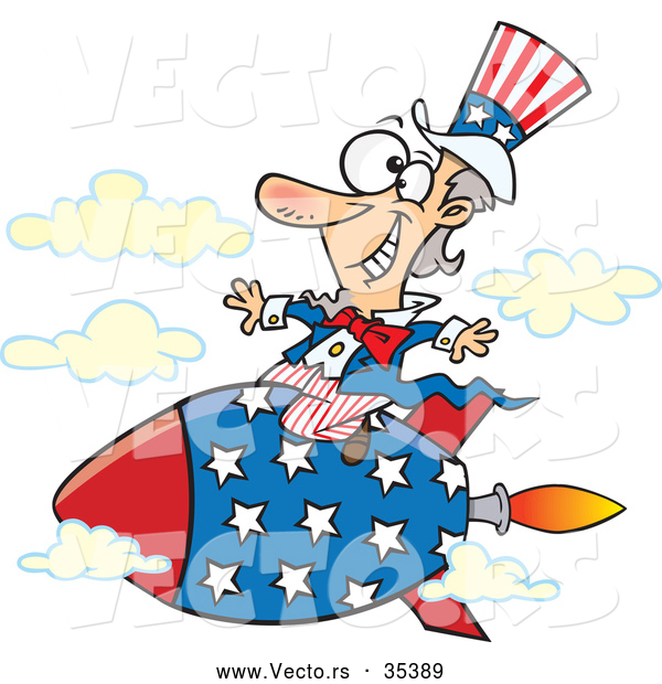 Vector of a Smiling Cartoon Uncle Sam Riding a Rocket