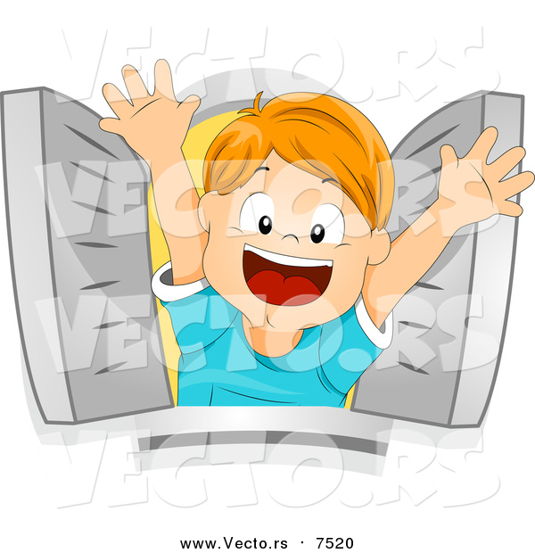 Vector of a Smiling Happy Boy Waving Hands from Window Shutters - Cartoon Design
