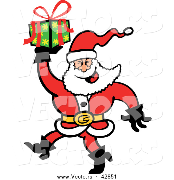 Vector of a Smiling Merry Cartoon Santa Carrying a Present