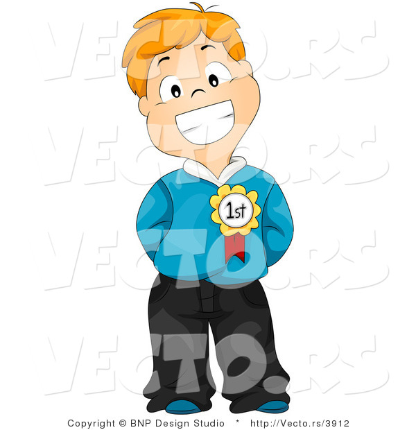Vector of a Smiling Red Haired Cartoon School Boy Wearing a Medal on His Shirt