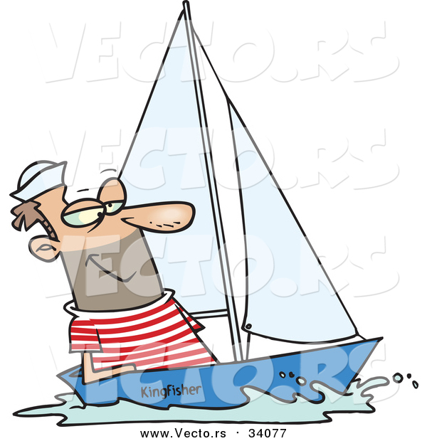 Vector of a Smiling Sailor Sailing a Small Sail Boat - Cartoon Style