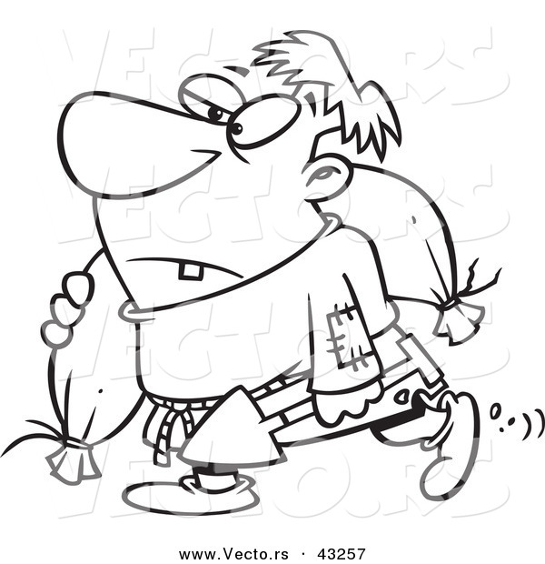 Vector of a Snaggle Toothed Cartoon Man Carrying a Body Bag and a Shovel - Coloring Page Outline